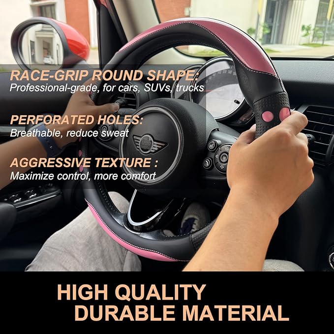 PINCTROT Race Grip Steering Wheel Cover, Anti Slip Silicone Perforated Design with Soft Touch Padding, Enhanced Grip for Sporty Driving 14.5-15 Inch (Racing Pink)