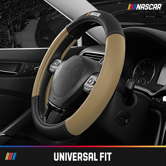 NASCAR Steering Wheel Cover, Two-Tone Beige Leather Patchwork, Universal Fit 14.5"-15.5" Steering Covers for Cars, Anti-Slip, Soft Grip, Odor-Free, Trucks & SUVs, Racing Style Interior Upgrade