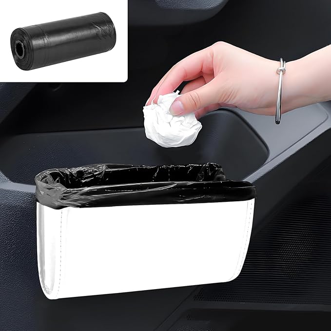 Hovom Car Trash Can, Leather Waterproof Automotive Garbage Can with Trash Bag, Hanging Mini Vehicle Trash Bin, Small Auto Door Organizer Storage Pouch, Universal Car Accessories (White)
