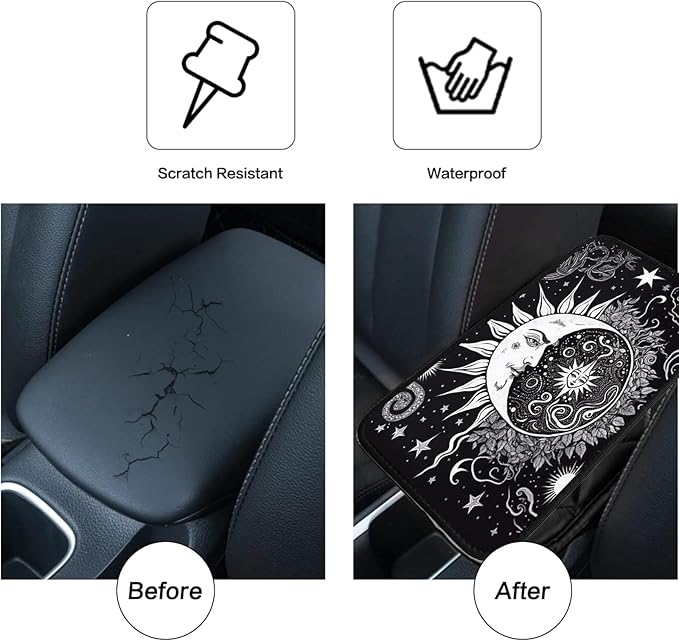 JANENFNA Car Armrest Cover Pads Universal Fashion Cute Auto Center Console Armrest Cover Pad with 2PCS Car Coasters Soft Waterproof Car Armrest Seat Protector for Women,Black White Sun and Moon
