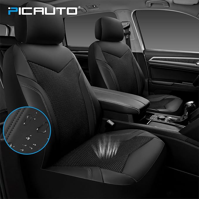 PIC AUTO Car Seat Cover, Super Breathable Mesh Front Seat Cover for Cars, Black Leather Seat Covers, Universal Fit, Durable, Airbag Compatible, Suitable for SUVs, Trucks, Sedans, and Vehicles