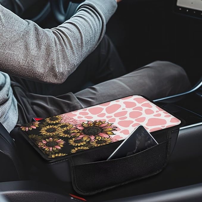 Dreaweet Sunflower Pink Cow Print Car Accessories Center Console Cover Cushion Pad,Car Armrest Cover with Side Pockets,Universal Fit Arm Rest Cover for Most Vehicles SUV Sedan