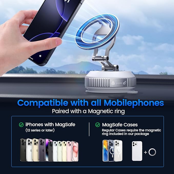 Tri-Folding Car Phone Holder for Magsafe[80+LBs Strongest Suction & 2850gf Strongest Magnetic], 360°Adjustable Phone Holders for Car, Suction Cup Phone Mount for iPhone17 Pro Max/16/15/14Series，Silver