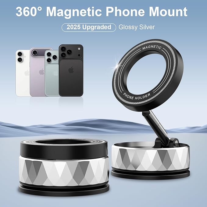 Vacumm Magnetic Phone Holder, Magnetic Phone Holders for car, Suction Cup&Nano Gel&N55 Strong Magnet, Magsafe Phone Mount of Car Accessories for iPhone 17 16 15 14 13 (Silver)