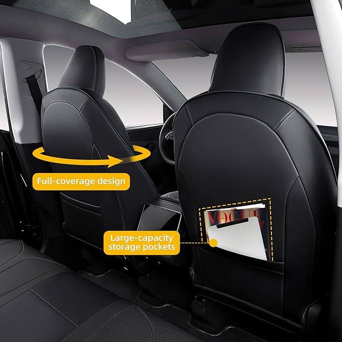 OURPLOT Custom Fit Seat Covers for 2025 2026 Tesla Model Y Juniper (5-Seater), Waterproof Breathable Nappa Leather, OEM Factory Style Full Set Car Seat Protectors Airbag Compatible - Black