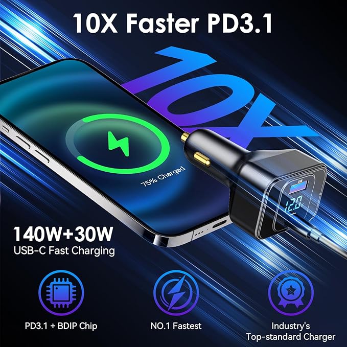 Fast Car Charger for iPhone 17 Sumsung Fast Charging Cigarette Lighter Adapter Accessories, Multi Device Family Travel Road Trip Essentials, 170W USB C 12V-24V 140W PD3.1, LED Display