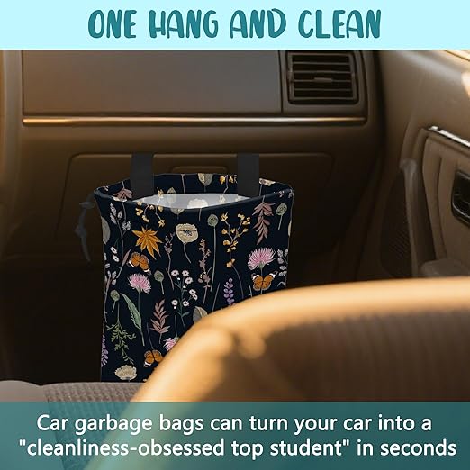 KXWQTRDD Car Garbage Bag Blooming Botanical Plants Drawstring Car Trash Bag Hanging for Back Seat with Adjustable Buckle Canvas Vehicle Trash Can Easy-to-Install