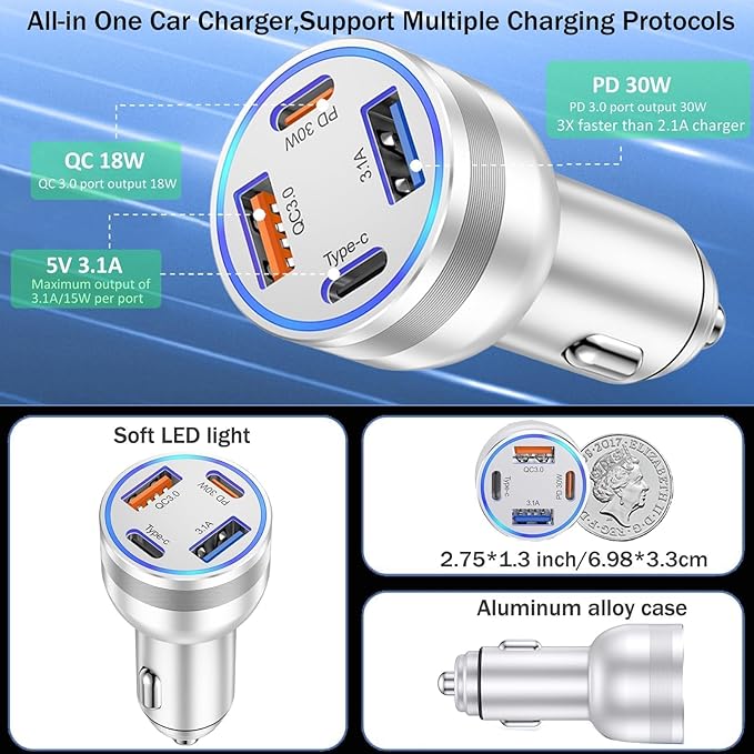 65W Car Phone Charger USB C, 5 Pack 4-Port Cigarette Lighter Adapter, 12V USB C Fast Car Charger Type C Car Adapter, Car Accessories for iPhone 17 16 15 14 13 12 Pro Max,Galaxy,Pixel,iPad,Android