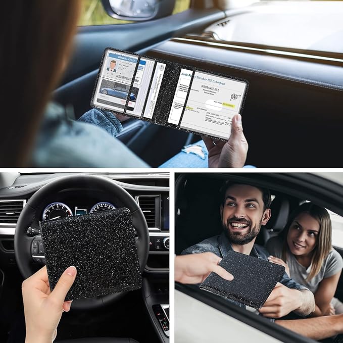 DMLuna Car Registration and Insurance Holder, Folio Leather Vehicle Card Document Glove Box Organizer, Auto Truck Compartment Accessories for Essential Information, Driver License Cards, Glitter Black