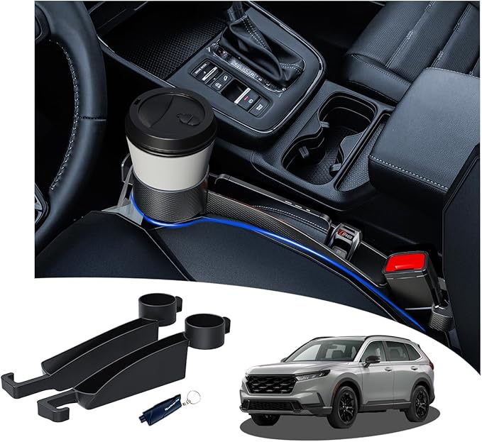 Seat Gap Filler Compatible with Honda CR-V.Deeper Than Standard Retail Models(7.5cm)|Added Cup Holder (2 Fixed Points) + Hooks + Charging Cable Port |2pcs Black| Free Window Break Hammer 1pcs|
