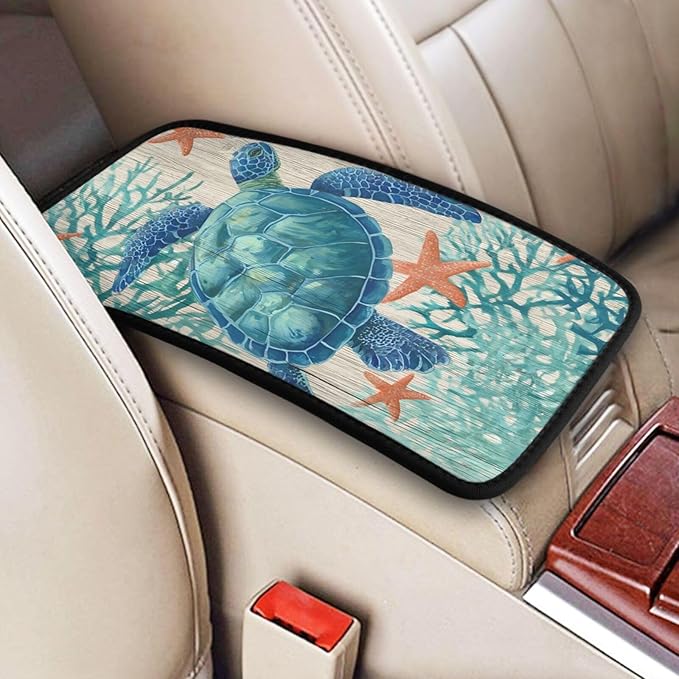 Sea Turtle Center Console Cover Pad, Nautical Starfish Coral Car Armrest Seat Box Cover Cushion Universal for Most Vehicle SUV Truck, Car Interior Accessories Decor, Protect from Pet Claws & Dirt