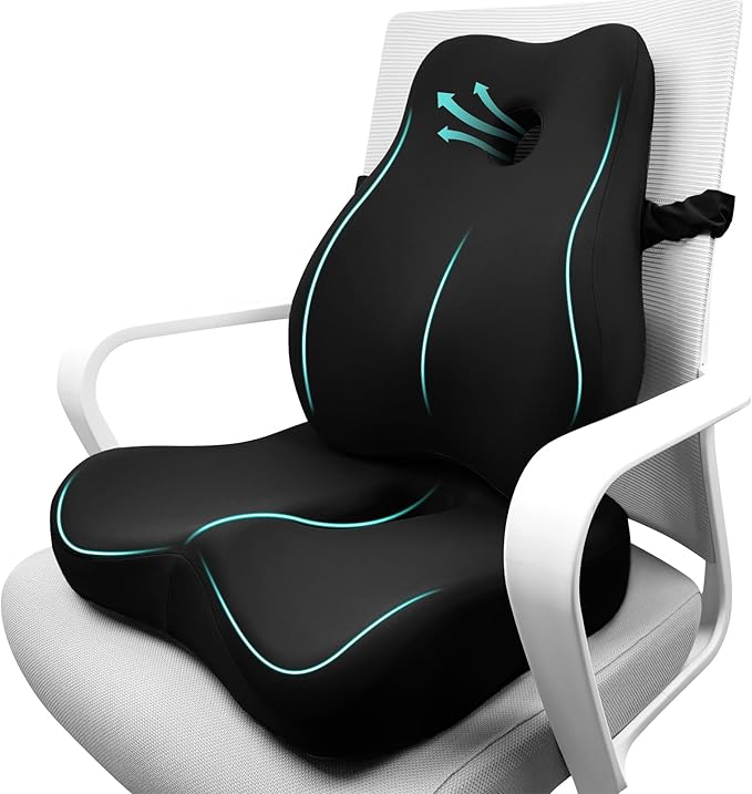 JIPORIER Seat Cushion & Lumbar Support Pillow Set for Office Chair, Ergonomic Pillow for Sciatica Pain Relief, Memory Foam Back Support Pillow & Chair Cushion for Car seat, Desk Chair (Black)