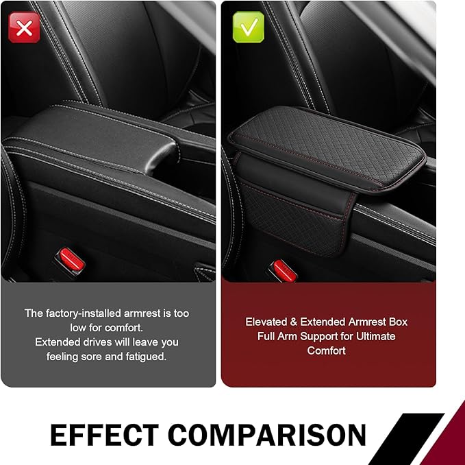 Car Center Console Cover, Perforated Leather Armrest Cushion with 2 Storage Bags, Plaid Arm Rest Box Pad, Car Armrest Storage Box Interior Accessories for Most Vehicles (Black & Red)