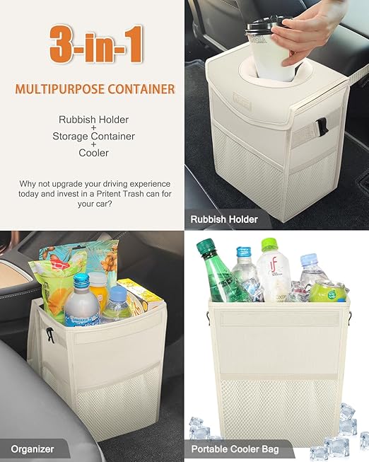 Pritent Car Trash Can with Lid, Cute Leakproof Car Trash Garbage Bag Hanging Vehicle Trash Bin Small Portable Automotive Garbage Cans Organizer for Back/Front Seat(Trapezoid,Ivory