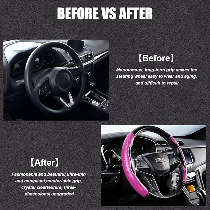 Car Steering Wheel Cover, Carbon Fiber PU Leather Segmented Steering Wheels Protector, Breathable Anti Slip Durable Auto Interior Accessories for Women Men (Carbon Fiber Pink)