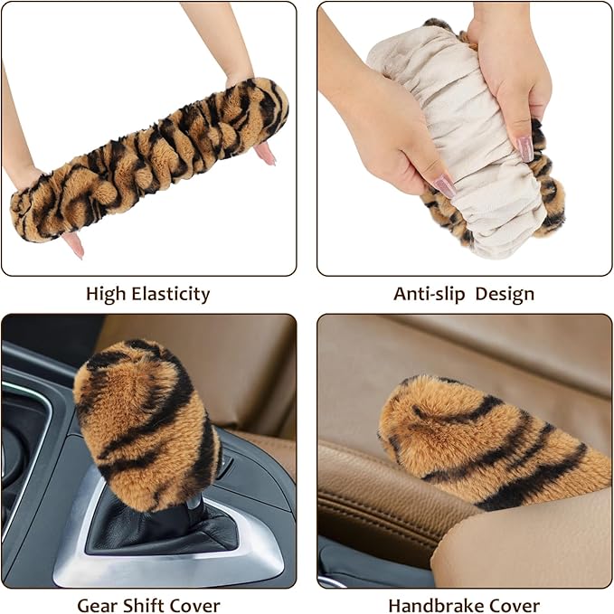 Accmor Fluffy Car Steering Wheel Cover, Universal Fuzzy Auto Wheel Cover & Handbrake Cover & Gear Shift Cover Set, Anti-Slip Tiger Stripe Warm Fur Vehicle Wheel Protector Car Accessories for Men Women