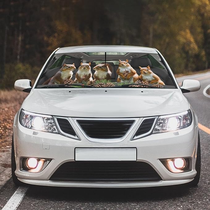 DOPINDU Funny Animal Squirrel Car Windshield Sun Shade Umbrella Bendable Handle Foldable Squirrel Sunshade for Car Windshield Block UV Rays Keep Vehicle Cool for Most Sedans SUV Trucks Cars 57"x30"