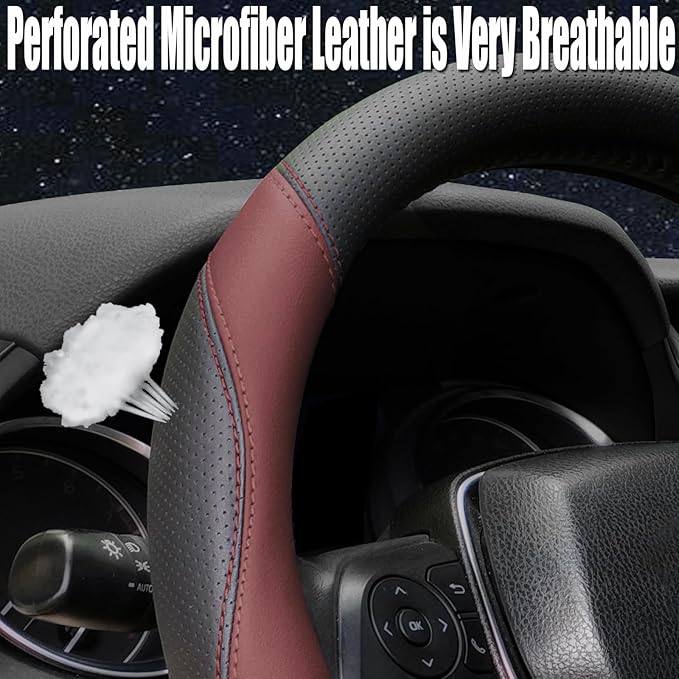Mihecor Steering Wheel Cover Standard Size 14.5-15 inch, Breathable Microfiber Leather, Anti-Slip, Soft Grip, Fits Most Cars, SUVs, and Trucks, Black and Burgundy