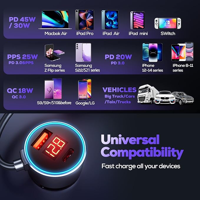 Car Charger USB C, 75W Metal 3-Port Super Fast Car Charger Adapter PD & QC3.0 Built-in 6ft Type C Coiled Cable for Samsung Galaxy S22/21 iPhone iPad Pro Pixel Android Phones