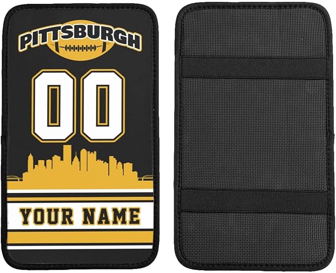 Custom Pittsburgh Car Armrest Covers Personalized Football Style with Name Number Customized Auto Center Console Pad Car Handrail Box Cushion for Most Vehicle Decor Accessories, Fans Gift