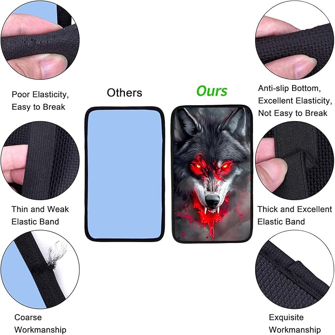 JANENFNA Car Armrest Cover Pads Universal Fashion Cute Auto Center Console Armrest Cover Pad with 2PCS Car Coasters Soft Waterproof Car Armrest Seat Protector for Women,Blood Wolf