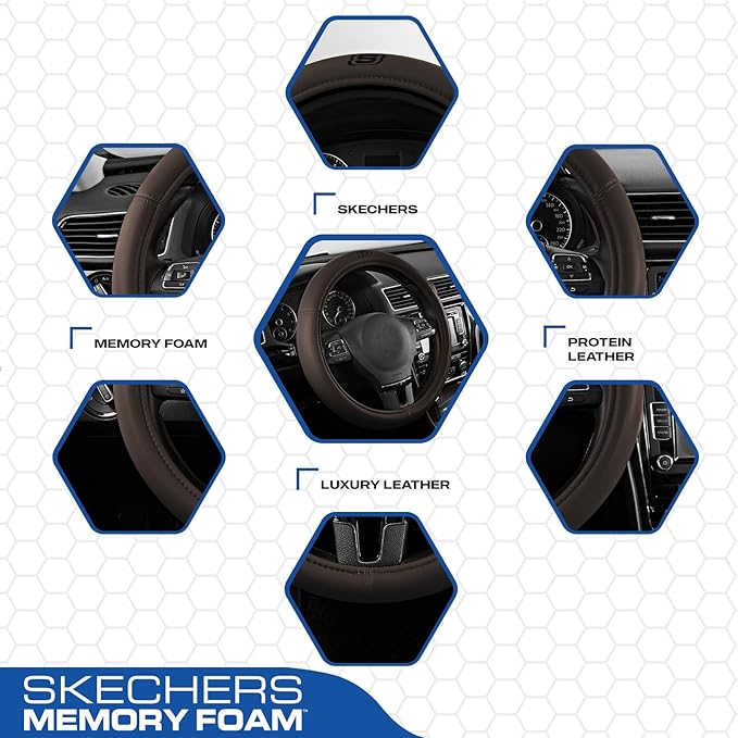 Skechers Memory Foam Steering Wheel Cover,Grade Protein Leather Steering Wheel Cover,Universal Anti-Slip Fit 14" 1/2-15" Car Wheel Cover for Men Women Fit Suvs,Vans,Sedans,Car,Trucks,Brown