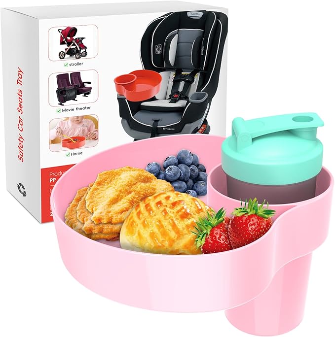 Car Seat Snack Tray for Kids: Kids Car Tray with Cup Holder, 1PCS Toddlers Road Trip Essential, Travel Snacks Food Plate Cup Holder (Pink)