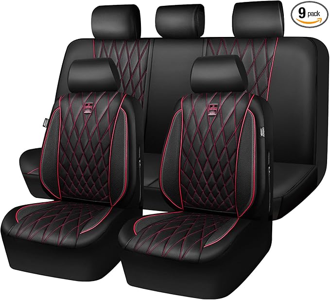 CAR PASS Piping Luxury Leather Seat Covers Full Set,5 Seats Anti-Slip Waterproof Seat Covers Compatible with Front Armrests,Universal Fit for Sendan SUV Van Truck,Airbag Compatible,Black and Red