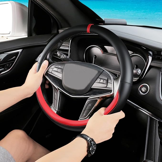 Black Red Car Steering Wheel Cover, Nappa Leather, Bottom Color Blocking, Universal 14.5-15 Inch Leather Anti-Slip Breathable Auto Steering Wheel Covers for Men Women