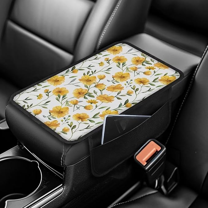 Dreaweet Yellow Floral Print Center Console Cover Car Armrest Cover with Storage Pockets Universal Arm Rest Cushion Universal Center Console Pad Car Interior Accessories