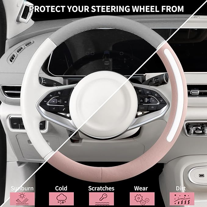 Steering Wheel Cover, Universal 15 inch, Faux Leather Steering Wheel Protector, Anti-Slip, Breathable & Heating-Compatible for Cars Trucks SUVs Vans