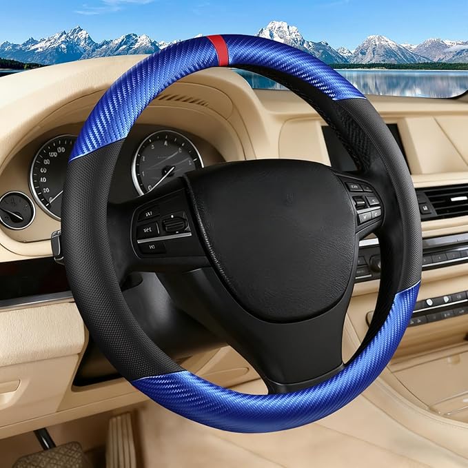 Black & Blue Carbon Fiber Leather Steering Wheel Cover, Microfiber Leather, Anti-Slip, Breathable, Universal Fit for 14.5–15 in Steering Wheel Cover for Men Women