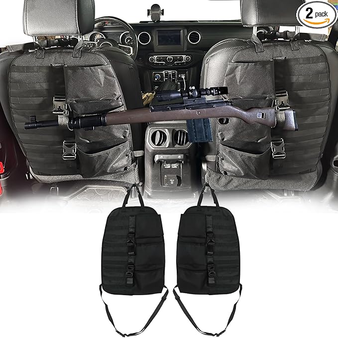 SUNPIE 2 Pcs Seat Back Truck Gun Rack，Automotive Gun Racks with Molle Panel Universal Seatback Storage Pockets Tactical Car Seat Back Organizer for Hunting Accessories Storage,Black