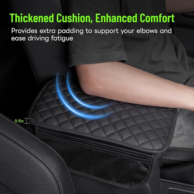 ADDSOM Car Center Console Cover with 6 Storage Pockets, Leather Car Arm Rest Cover Thickened Cushion, Universal Vehicle Armrest Pad Interior Protector, Black