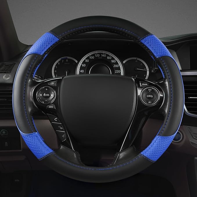 GIANT PANDA Microfiber Leather Steering Wheel Cover for Honda Accord,Civic,CR-V,HR-V,Pilot(Diamond-Pattern-Black+Blue-Standard Size)