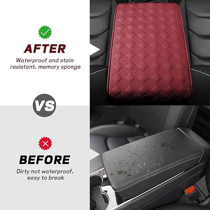 Hbxdeco Car Armrest Cushion, 12.2"×8.3" Leather Auto Memory Foam Center Console Pad with Storage Pocket, Waterproof & Anti-Scratch Elbow Pillow Armrest Seat Box Protector, Universal Fit (Red)