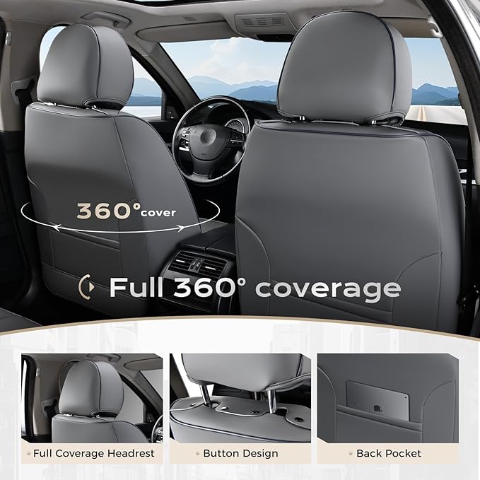 Coverado Seat Covers, Car Seat Covers Full Set, Leather Seat Covers for Cars, Car Seat Protector, Gray Car Seat Covers Front Seats and Back Seats Universal Fit for Most Cars Black