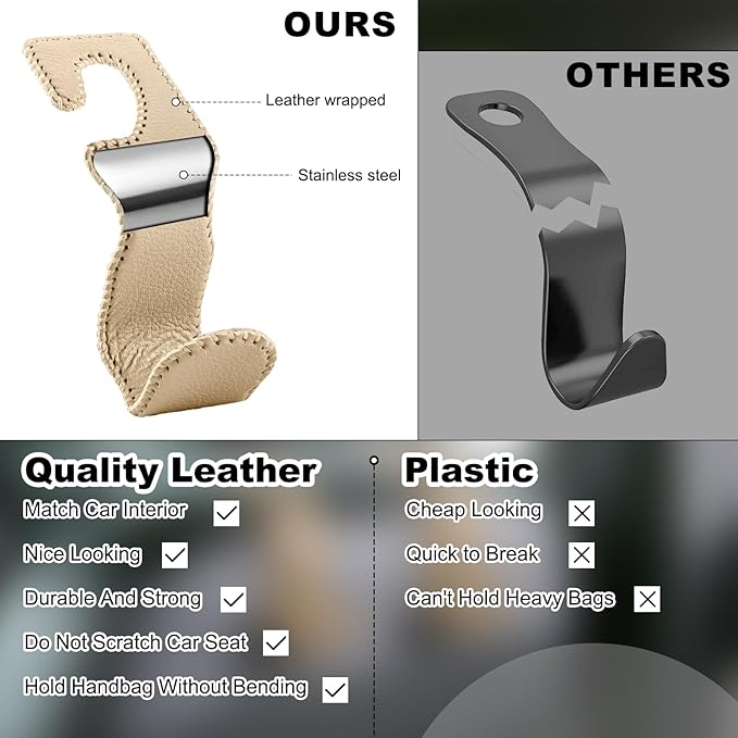 Car Seat Hooks for Purses and Bags, 2 Pack Car Purse Holder for Grocery Bag Handbag Clothes, Metal Headrest Hooks Covered by Leather, Beige