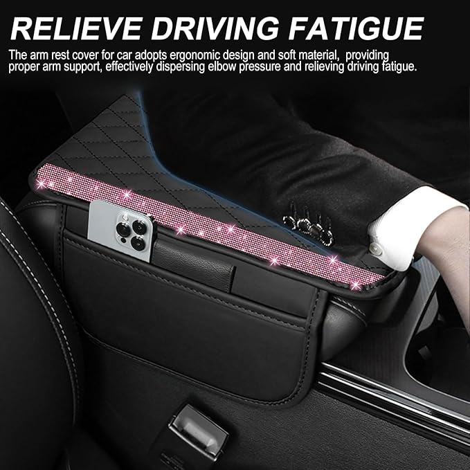 NBTEPEM Bling Car Center Console Cover, Leather Car Arm Rest Cover Cushion with 2 Storage Bags, Universal Automotive Armrest Protector Storage Box, Bling Accessories Interior for Most Vehicles (Pink)