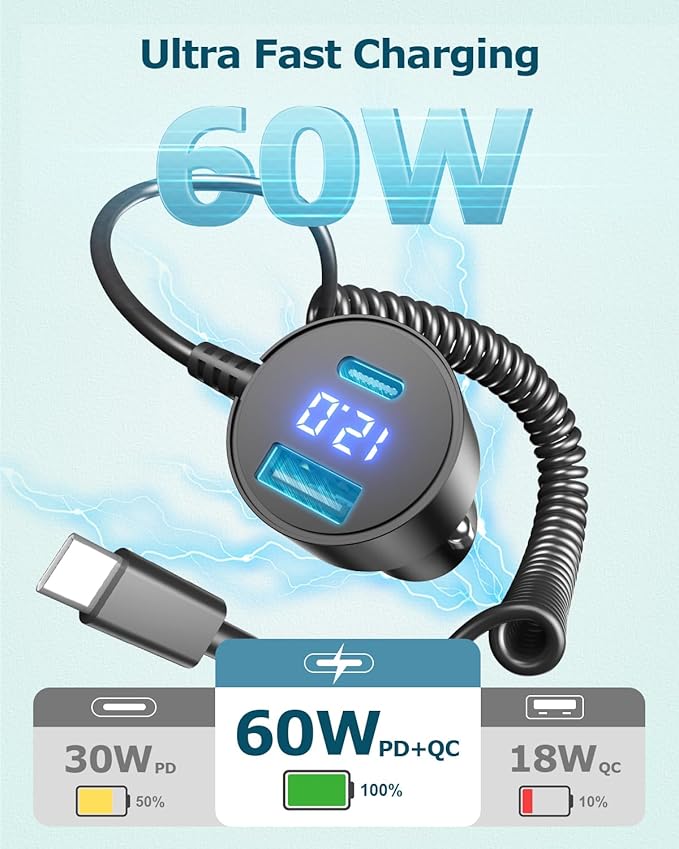 66W Car Charger for iPhone 17/16 Pro Max,PD & QC3.0 Super Fast Car Adapter with 5FT USB C Coiled Cable for iPhone 17/16/15 Pro Max,iPhone 17 Air,iPad Pro,Samsung Galaxy S25/S24/S23,Pixel 10,Android