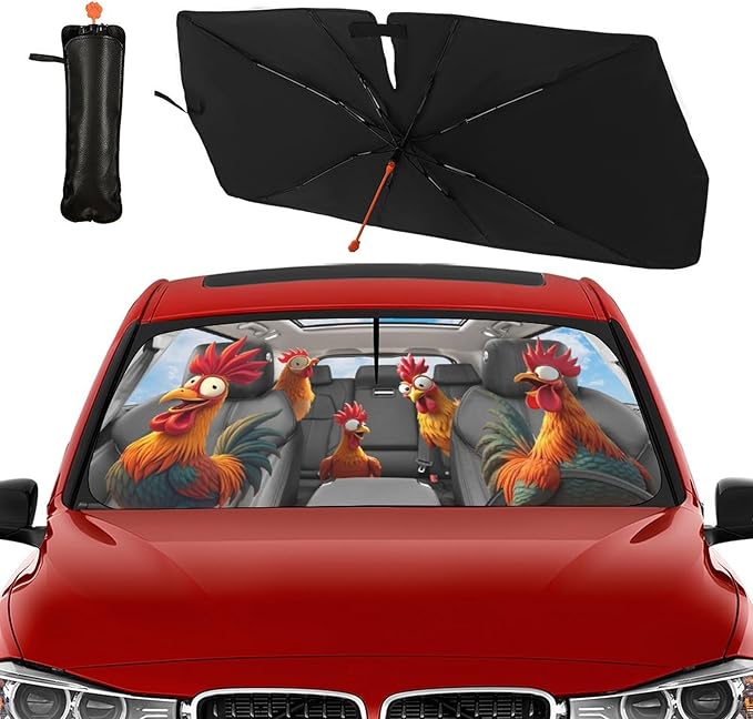 DOPINDU Funny Rooster Car Windshield Sun Shade Umbrella Bendable Handle Foldable Animals Chicken Sunshade for Car Windshield Block UV Rays Keep Vehicle Cool for Most Sedans SUV Trucks Cars 57"x30"