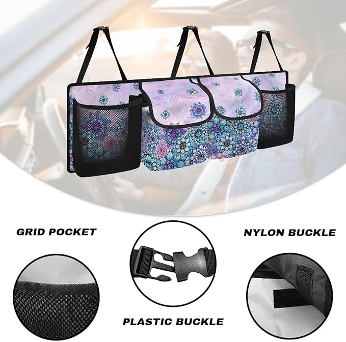 Car Trunk Organizer & Backseat Hanging Organizer with 2 Large Storage Bag & 2 Mesh Pockets,Trunk and Backseat Storage Bag for SUVs & RVs,37.01x11.81 inch,Purple Mandala Floral