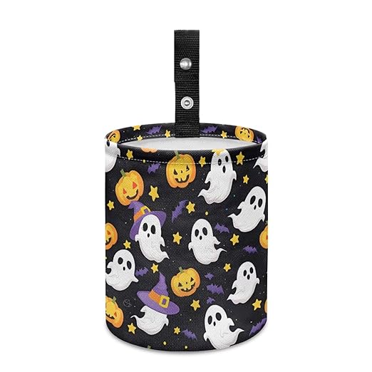 Cute Ghost Pumpkins Hanging Car Trash Bag Vehicle Trash Can with Adjustable Buttons Collapsible Multipurpose Auto Storage Bag Road Trip Essentials