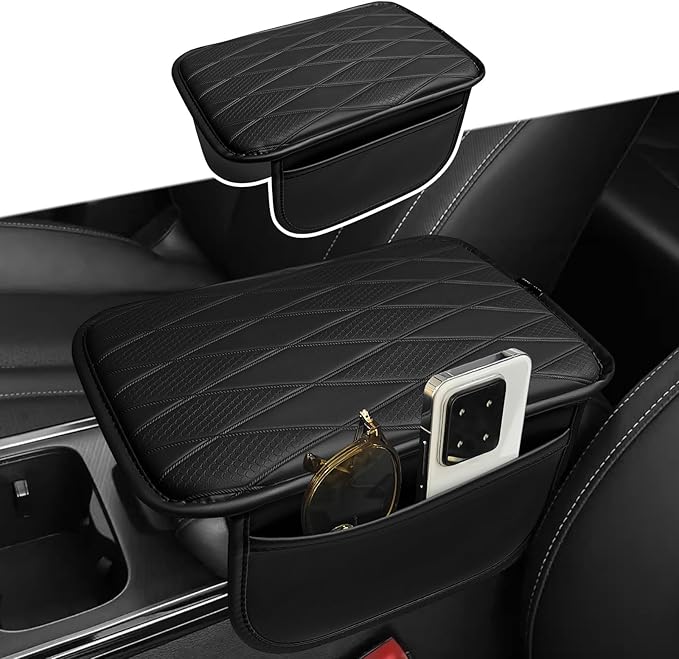 Muslogy Center Console Universal Armrest Cover Compatible with Most Vehicle, Truck, SUV, Sedan, Comfort Armrest Pad Anti-Slip Arm Rest Cushion Vegan Leather Protector Black(11.8 inches*7.9 inches)