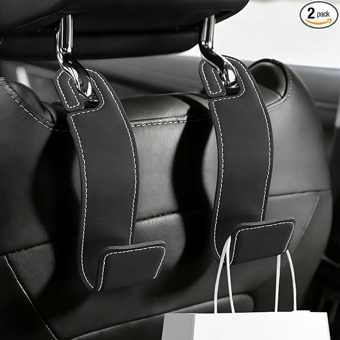 2PCS Purse Holder for Car, Purse Hook for Car, Leather Headrest Hooks for Automotive Back Seat, Auto Accessories Back Seat Organizer Hook for Grocery Bag Handbag Coat (Black, 2PCS)
