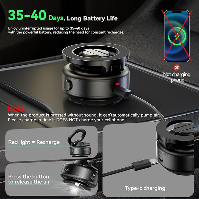 Electric Magnetic Car Phone Holder, 360 Rotation Vacuum Suction Cellphone Mount Foldable Car Mount Stand for iPhone12-16,Mirror/Glass/Screen/Smooth Surface (Not Charge Phone)
