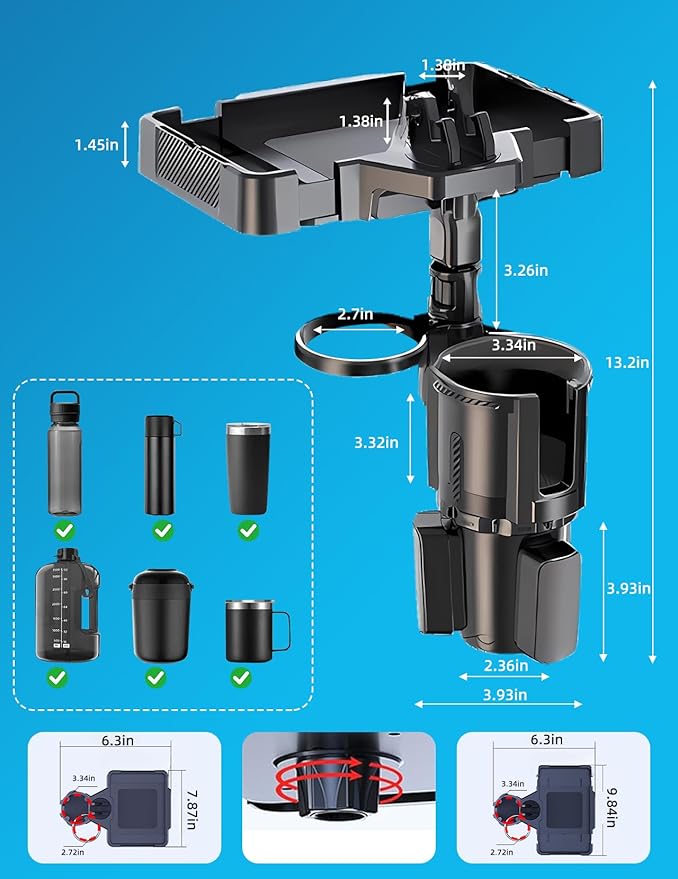 Car Cup Holder Tray, 10 Inch 4-in-1 Cup Holder Tray, 360° Rotating Drink Holder Expander with Detachable Food Tray & Phone Holder, Road Trip Essentials