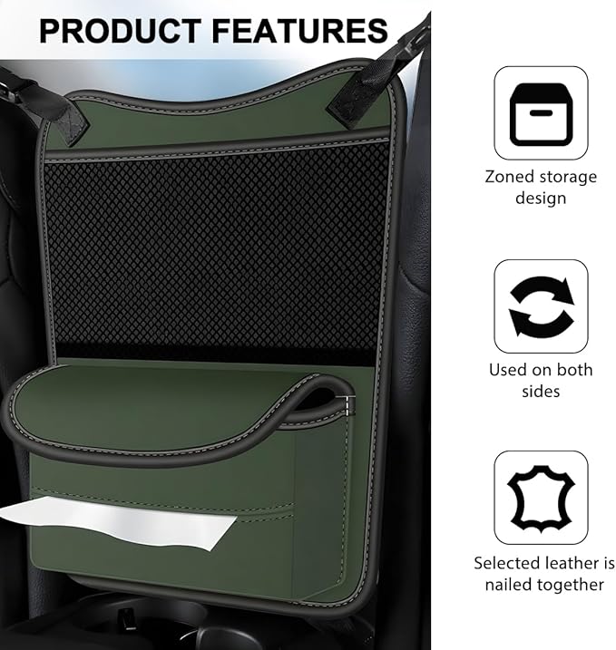 Car Organizer Storage Between Seats, Nappa Leather Large Capacity Vehicle Hanging Handbag Holder for Document Phone, Auto Interior Console Organizer Pocket, Universal Fit (Green)