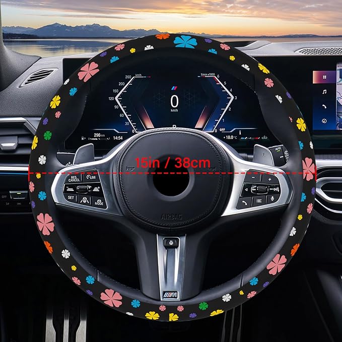 Steering Wheel Cover Neoprene Material Most Cars Men&Women Universal 15 inch Premium Non-Slip Spring Steering Wheel Protector Floral Car Accessories (Lucky Clever)