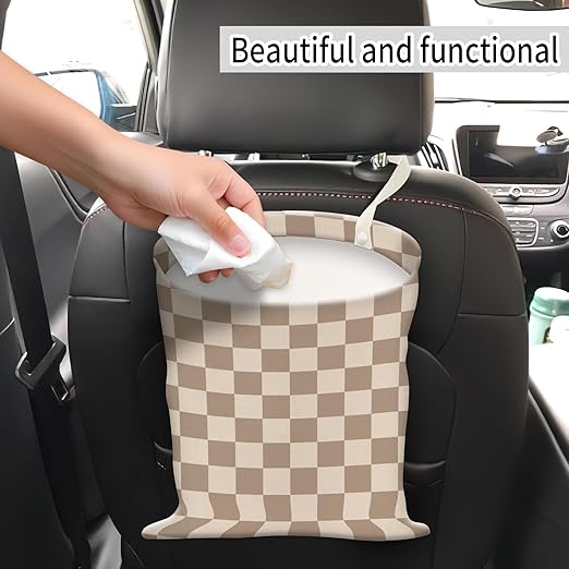 AUEKLLW Car Trash Can, Hanging Garbage Bin for Men and Women, Cute Car Organizer and Storage Bag, Canvas Vehicle Trash Can Bag Easy-to-Install Cute Checkboard